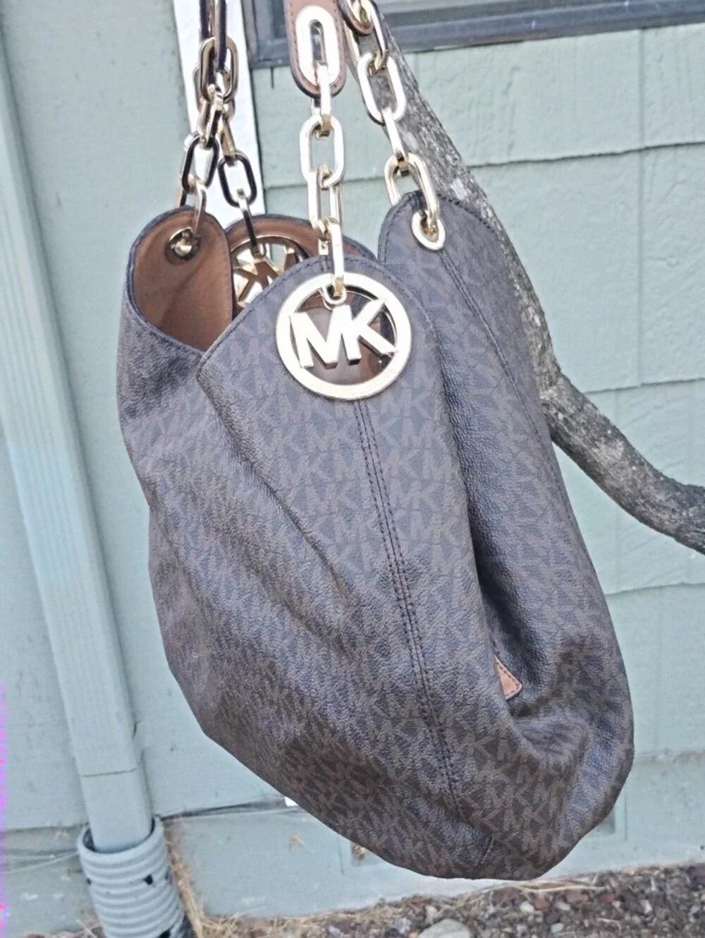 Michael Kors Brown Logo-Print Hobo with Gold Hardware